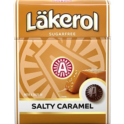 Bild av Läkerol (Lakerol) salt karamell original svensk sockerfri lakrits salmiak pastiller droppar, dragees godis godislåda 25 g, 4 pack