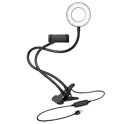 Bild av LogiLink AA0150 LED ringljus/ringljus (Ø 8,5 cm) med smartphone hållare, 3 färglägen (naturlig, varm, kall) och 24 lysdioder för professionella videor bilder, svart
