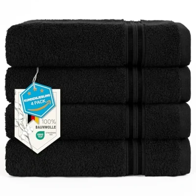 Bild av Hammetex Set med 4 handdukar, 100 % bomull premiumkvalitet stor 50 x cm handduk, mjuk absorberande snabbtorkande handhandduk, svart