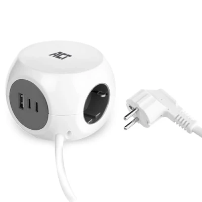 Bild av ACT 30 W uttagskub med USB, grenuttag 2 USB C (30 PD 3.0) och 1 A (QC 3.0), 3 vägs uttag, inkl. självhäftande dyna för kök, kontor, vardagsrum, kabellängd 1,5 m, färg vit AC2420