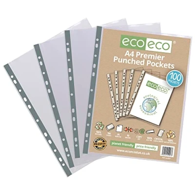 Bild av eco A4 100% återvunnen premier multistansade fickor glasklart, transparent poly plånbokslakan, 90 mikron (förpackning med 100)