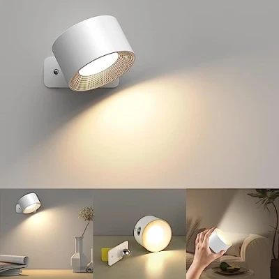 Bild av vägglampa inomhus, med batteri, 3 färger och ljusstyrkenivåer, LED, 360 roterbar touchkontroll, trådlös lampa, justerbar (vit)