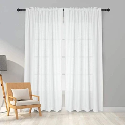 Bild av Melodieux 2 paneler falskt linne voile nätgardiner halvgenomskinliga stänger fickgardiner för sovrum, vardagsrum, fönster vit, 140 x 183 cm fall (55 72 tum)