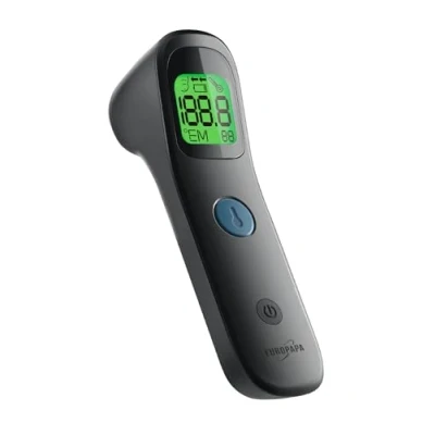 Bild av EUROPAPA Febertermometer för bebisar, barn, vuxna, infraröd panntermometer med feberalarm, C/F brytare, 30 x mätvärdesminne (svart)