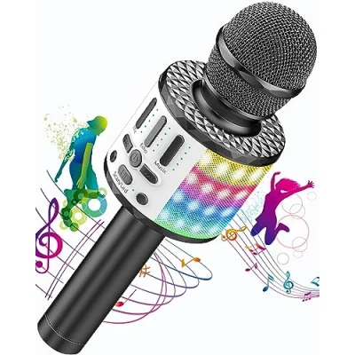 Bild av karaoke trådlösa mikrofoner, mikrofon med ljus scen, bärbar högtalare för barn/vuxna party sjunger disco, KTV klubbar, jul, födelsedag, presentidé, flicka, pojke
