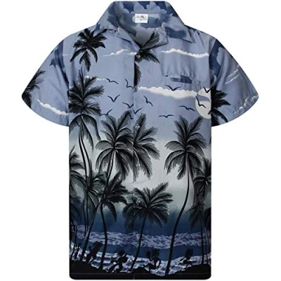 Bild av V.H.O. Funky Hawaii skjorta för män, kortärmad framficka, standardpassform, sommarskjorta, strand, semester, palmer, Vho_beach grå, L