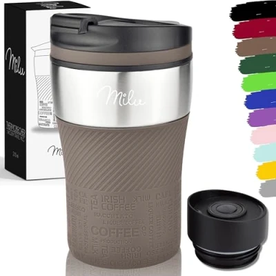 Bild av Milu thermo mugg isolerad kaffe to go 210 ml 100% läckagesäker drickmugg i rostfritt stål bilmugg dubbelväggig isolering termisk resemugg (brun)