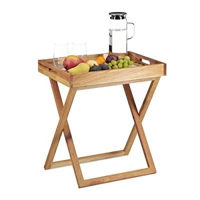 Bild av Relaxdays hopfällbar serveringsplatta, vikbar serveringsbricka valnötsträ, litet sidobord, surfplatta, HxBxD: app. 54 x 52 36 cm