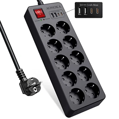 Bild av Grenuttag 10 vägs med överspänningsskydd Strömlist USB C,10 Uttag 4000W 4 5V/3.4A Flera Kraftremsor strömbrytare laddare bordsuttag Förlängningskabel 1.5m