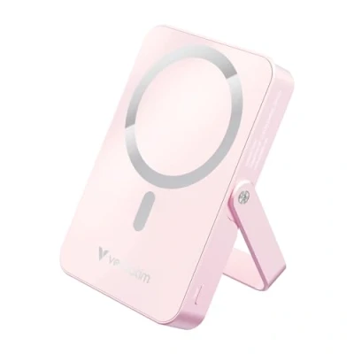 Bild av Verbatim Charge &#039;n&#039; Go MagSafe Powerbank 10 000 mAh rosa 15 W magnetisk PD 22 snabbladdningsfunktion LED display och fällbart stativ för iPhone 16/15/14/13/12 Pro/Pro Max inkl. USB C kabel