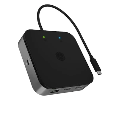 Bild av ICY BOX USB4 Dockningsstation (7 i 1) för 2 bildskärmar (1x HDMI och 1x DP), 4K 120Hz / 8K 30Hz, 3x USB 3.2 Gen (10 Gbit/s), 60W Power Delivery, Gigabit Ethernet, Ljud, IB DK408 C41