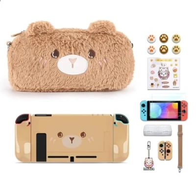 Bild av innoAura Bärväska för NS Switch, 15 i 1 switch tillbehör paket med söt plyschswitchväska, displayskyddsfilm, gamefodral, förvaring och tumlock (brun björn)