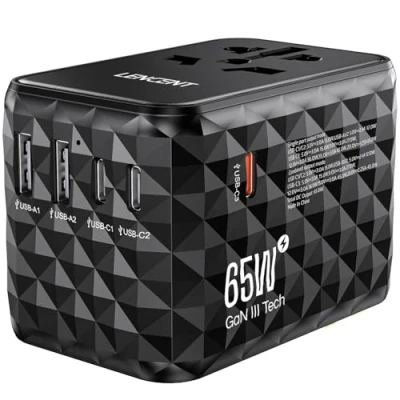 Bild av LENCENT 65W Snabb Laddning Universal Reseadapter över Hela Världen, GaN III Internationell Travel Adapter med 2 USB A &amp; 3 C, Socket Worldwide för DE USA UK IT AUS CN, Typ C/G/A/I, Svart