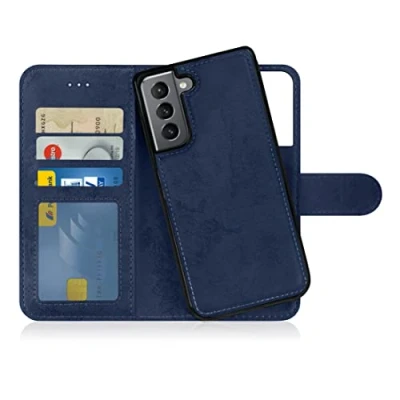 Bild av MyGadget Flip Case för Samsung Galaxy S22 [avtagbart magnetfodral] mobiltelefonfodral av konstläder [vikbart fodral med kortfack] skyddsfodral i mörkblått