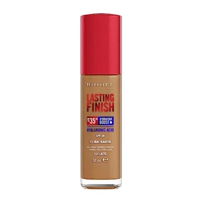 Bild av Rimmel varaktig finish 35 timmars foundation 410 latte, full täckning, återfuktande, SPF20, hyaluronsyra, vitamin E, 2% niacinamid, användning hela dagen, vegan, grymhetsfri
