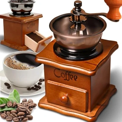 Bild av Retoo kaffekvarn retro manuell i trä med handvev bärbar antik design espressomkvarn för kaffebönor rostfritt stål