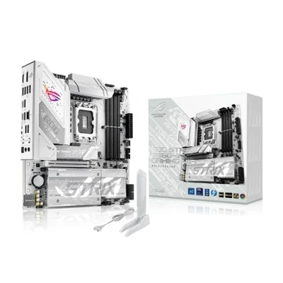 Bild av ASUS ROG Strix B860 G Gaming WiFi mATX moderkort, avancerad AI PC redo, 14+1+2+1 effektsteg, DDR5 kortplatser, PCIe 5.0, fyra M.2 7, Networking II, Aura Sync RGB belysning.