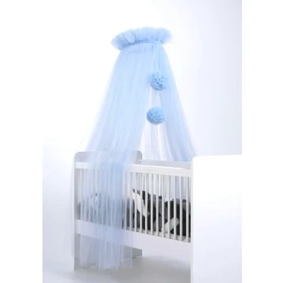 Bild av Babysänghimmel av tyll, sänghimmel för babysäng, prinsessbabyvagga, sidosäng baby, myggnät, babyrumsdekoration, baldakin barnrum 165 cm lång, med pompoms, brungrå (babyblå)