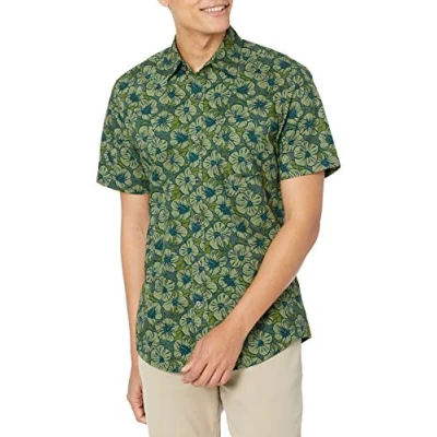 Bild av Amazon Essentials Men&#039;s Kortärmad tryckt skjorta smal passform, Olivgrön Hibiskusblomma, XXL