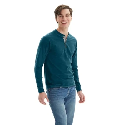Bild av Hanes t skjortor för män, BeefyT Henley tröjor långärmade bomullströjor Petro blågrön, S