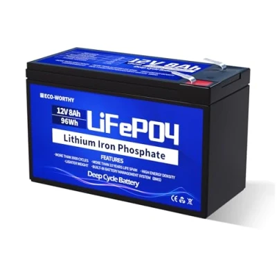Bild av ECO WORTHY LiFePO4 batteri på 12 V/8 Ah, uppladdningsbart litiumbatteri med BMS skydd och 3 000 djupa cykler, för camping, solanläggning, husbil, fisksökare, barnvagn, båt solpanelset