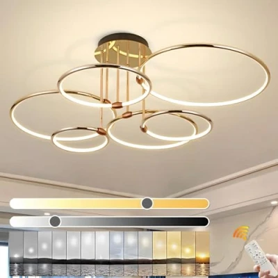 Bild av YYUTLUO LED Taklampa, Ø105cm Guld Metall Cirkel Ljuskrona, 145W Steglös Dimbar 3000 6000K, Modern Rund Galvaniserad Pendel, Sovrum Vardagsrum Barn Kontor Arbetsrum Kök Hall(6 Ring)