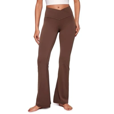 Bild av CRZ YOGA Butterluxe korsade utsvängda yogabyxor för kvinnor 31 tum med hög midja Bootleg träningsleggings Stretch Bootcut Kaffebrun L
