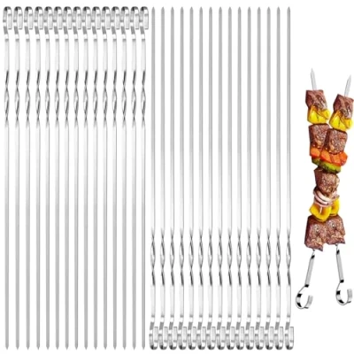 Bild av Mino Plus 30 stycken grillspett, 40 cm grill skewers långa, kebab spett, grillspett rostfritt stål, återanvändbara kebabbitar, för grillfester utomhus och i Gar (A)