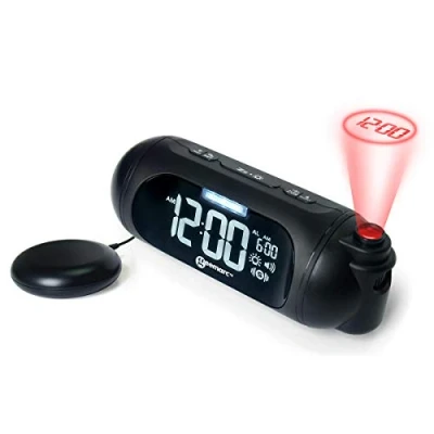 Bild av Geemarc Wake &#039;N&#039; Shake Spot projektionsväckarklocka med 95 dB högt larm, vibrationskudde och repetitionskabel för långsovare duva USB laddare version DE