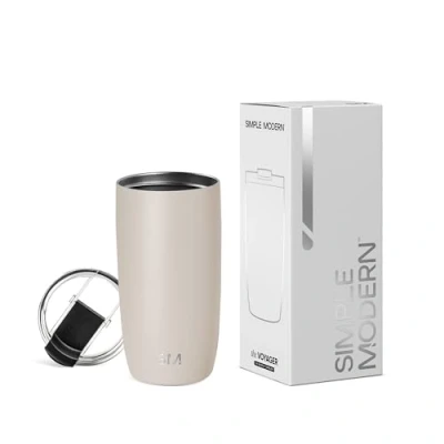Bild av Simple Modern Resa kaffemuggar med flip lock, återanvändbar isolerad rostfri ståltermos kallbryggning glass kaffekopp, alla hjärtans dag gåvor till honom, resesamling, 16 uns, mandelbjörk