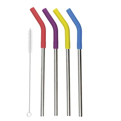 Bild av Colourworks återanvändbara metallsugrör och rengöringsborste, miljövänlig design, presentförpackad, rostfritt stål, 23 cm, set med 4, flerfärgad