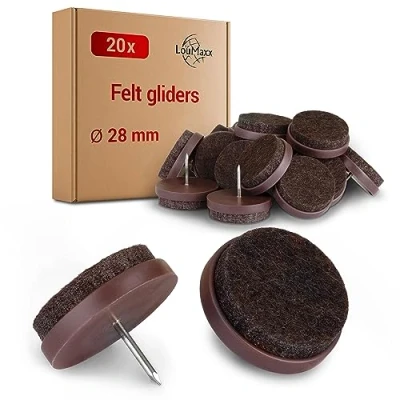 Bild av LouMaxx Stolfilttassar med rund spik, Ø 28 mm mörkbrun stolsglidare 3 tjock filt filttassar för stolar premium stolsbenskydd, filt, även möbler 20 stycken