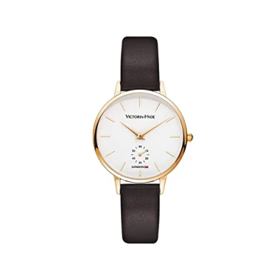 Bild av VICTORIA HYDE mode elegant damklocka med klar vit urtavla analog kvarts avtagbar äkta läderrem rostfritt stål nätband, Mörkbrunt, armband