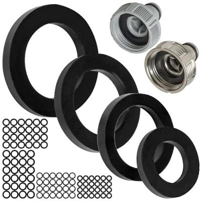 Bild av Sats med utbytesplattor, 100 delar, för G 1/2&quot; 3/4&quot; 1&quot; trädgårdsanslutningssystem, kompatibel Gardena 21, 26,5, 33,3 mm krananslutningar, Ø 19 x 11, 21 15, 24 16, 30 20 mm, gummi
