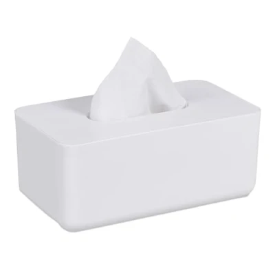Bild av Relaxdays Dukbox med bambulock, för badrum, näsdukslåda, modern design, H x B D: 10 23 13 cm, plast, vit