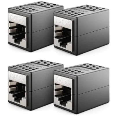 Bild av deleyCON 4 Stycken RJ45 Koppling (10 Gbit/s) LAN Kabelförlängning Nätverkskabel Ethernet Adapterkontakt Kompatibel med Cat8, Cat7, Cat6, Cat5 Patchkabel DSL POE 2X Uttag Svart