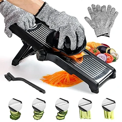 Bild av Labeol Justerbar mandolin skärare professionell 3 i 1 rostfritt stål matskivare multifunktionell grönsakshackare vegetabilisk potatis lök ost Julienne skivare med säkerhetshandskar