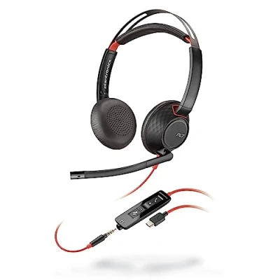 Bild av Poly Blackwire 5220 trådbundet headset flexibel brusreducerande bommikrofon ergonomisk design anslut till PC/Mac, mobil via USB C, A eller 3,5 mm fungerar med lag, zoom