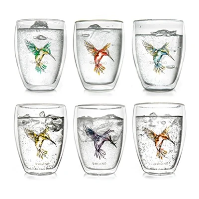 Bild av Creano dubbelväggiga glas hummi, latte macchiato, termoglas med kolibri i en uppsättning om 6, 250 ml, färgerna blå, röd, grön, orange, lila, gula