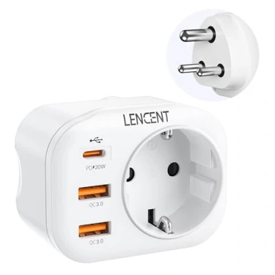 Bild av LENCENT Reseadapter Sverige/EU till Indien Adapter, Typ D Travel Adapter Snabb Laddning Plug med 2 USB QC3.0 + 1 C PD 20W, Socket Strömadapter för Sri Lanka, Indien, Nepal Uttag