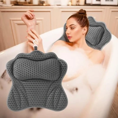 Bild av Badkarkudde, 4D badkarskudde, ergonomisk badkarskudde med 6 halkfria sugkoppar, stöd för huvud, nacke, axlar, justerbar höjd, lämplig badkar (grå)