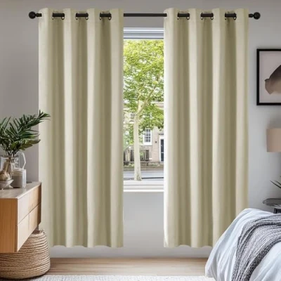 Bild av Deconovo Mörkläggningsgardin med öljetter för termiska gardiner i sovrum, 210x140 cm (höjd x bredd), beige, uppsättning 2