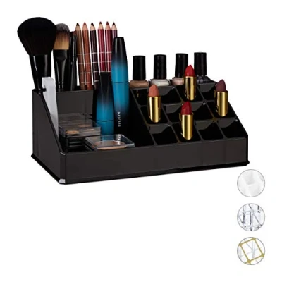 Bild av Relaxdays kosmetisk arrangör akryl, liten makeup med 16 fack för smink och läppstifthållare, svart, 8 x 22 12,5 cm