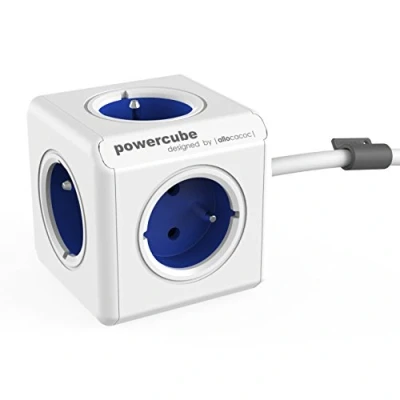 Bild av ALLOCACOC PowerCube Extended Duo USB FR blå, 4 vägs grenuttag med 2,1 A laddningsström, vit blå