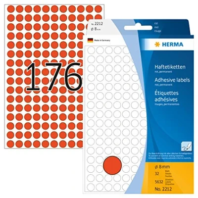 Bild av HERMA 2212 multifunktionsetiketter/runda färgade prickar (Ø 8 mm, 32 ark, papper, matt) självhäftande, permanenta märkningspunkter för handskriven märkning, 5 632 klistermärken, röd