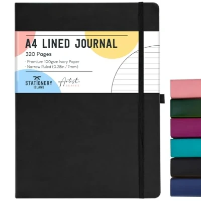 Bild av STATIONERY ISLAND A4 linjerad anteckningsbok, 320 sidor tjock journal inbunden med 100 gsm för att skriva, arbeta, studera, dagbok, svart