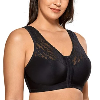 Bild av DELIMIRA Kvinnors Främre Stängda Bh:ar Racerback Plus Size Full Täckning Trådlös Bh Spets Svart 75H