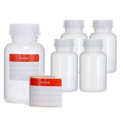 Bild av 5x 250 ml flaskor med bred hals av LDPE skruvlock, tomma kemiska flaskor, laboratorieflaskar lock som förvaringsbehållare för laboratoriet, köket eller hobbyen
