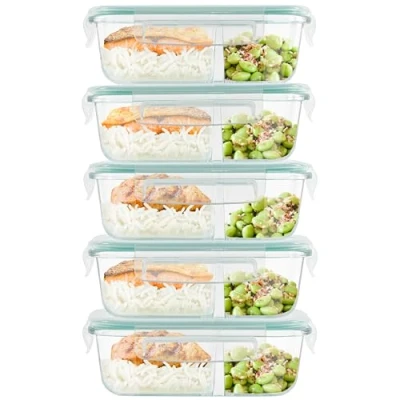 Bild av Winter Shore Glas Matförberedelsebehållare med 2 Fack &amp; Lock (5 Pack) Livsmedelsgodkända, BPA Fria, Läckagesäkra Lufttäta Bento Boxar Mikrovågsugn, Frys Diskmaskinssäkra Glasbehållare