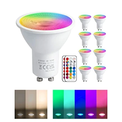 Bild av REYLAX 8pcs GU10 6W LED Lampor, RGB + Varmvit, Spotlight Med Färgbyte, 12 Färger 5 Lägen, Minnesaktivering, Dimning Infraröd Fjärrkontroll